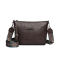 Dunkelbraune Beuteltasche mit Litschi-Textur und buntem Ethno-Stickereigurt - Braun