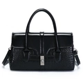 Retro black leather handbag with crocodile pattern texture and silver metal lock closure - Black