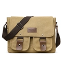 Khaki canvas schoudertas met lederen patch en dubbele magnetische gespzakken - Khaki