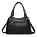 Classic black PU leather tote bag with large capacity and adjustable crossbody strap - Black