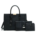 3-piece black lizard texture tote bag set with golden hardware and patchwork leather - Black 3-Piece Set