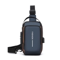 Dark blue anti-theft sling bag with brown trim, TSA lock, and integrated USB charging port - Blue & Gold