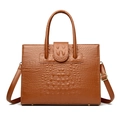 Brown crocodile embossed leather tote bag with sturdy top handles and golden hardware - Yellow Brown