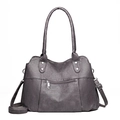 Grand sac à main vintage en cuir souple gris foncé avec bandoulière réglable - 31*26*13 / Rose Lotus