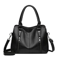 Versatile black PU leather handbag with decorative zippers and adjustable shoulder strap - Black