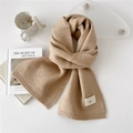 Solid camel knitted scarf with minimalist emo label and cozy ribbed edges - Oatmeal