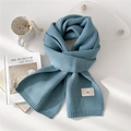 Morandi blue chunky knit scarf featuring a ribbed edge and minimal emo logo tag - Cyan Blue