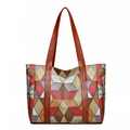 Women's large capacity tote bag with geometric colorful patchwork and lychee texture - Brown Type 1