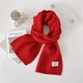 Chic red knit scarf with minimalist emo patch and ribbed edges for winter warmth - Red