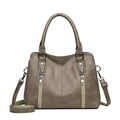 Versatile taupe faux leather tote bag with dual handles and silver zipper details - Khaki