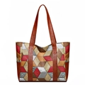 Large PU leather tote bag with colorful geometric patchwork and embossed textures - Brown Type 2