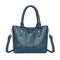 Dark blue washed leather tote bag with round handles and adjustable shoulder strap - Lake Blue