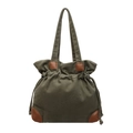 Olive green canvas drawstring tote bag with brown leather accents for casual daily wear - Green