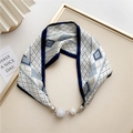 Detail of navy blue silk scarf with geometric pattern and crystal magnetic metal buckle - Navy Blue Dotted Grid