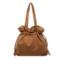 Brown nylon tote bag with leather trim and drawstring closure in Japanese casual style - Brown