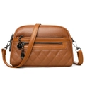Brown quilted leather crossbody bag with dual zippers and adjustable shoulder strap - Brown