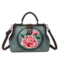 Borsa a mano retrò grigia con ricamo di peonie rosa e tracolla marrone regolabile - Blu