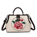 Borsa in ecopelle beige con ricamo floreale vintage e tracolla marrone regolabile - Bianco Sporco