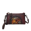 Vintage burgundy leather envelope bag with colorful elephant floral embossing and shoulder strap - Red