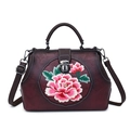 Borsa vintage in pelle cerata marrone scuro con ricamo a peonia e manico tondo - Borgogna
