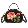 Sac bandoulière demi-lune noir rétro avec broderie florale orange et poignée supérieure - Noir
