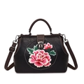 Vintage dark brown leather doctor bag with pink peony floral embroidery and shoulder strap - Black