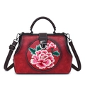 Retro deep red handbag with pink peony embroidery and adjustable brown shoulder strap - Red
