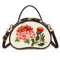 Sac bandoulière blanc cassé avec broderie de pivoine et finitions en cuir marron - Beige