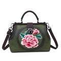 Vintage green handbag with pink peony embroidery and adjustable brown shoulder strap - Green