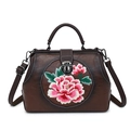 Dark brown retro oil wax leather handbag featuring delicate pink peony flower embroidery - Brown