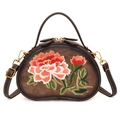 Dark brown leather handbag featuring colorful peony floral embroidery and bronze hardware - Coffee
