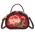 Gradient red leather handbag with peony floral embroidery and crossbody strap - Red