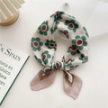 Elegant beige floral cotton-linen neck scarf with red and green flower print pattern - 58cm x 58cm / 1D Green Six-Flower with Two-Tone Border