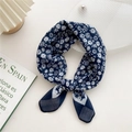 Dark blue floral cotton linen neck scarf with white flower patterns in a tied knot style - 58cm x 58cm / 3D Navy Blue Sketch Floral
