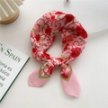 Pink floral cotton linen scarf with red flowers and green border in a bow shape - 58cm x 58cm / 4D Red Pansy