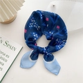 Navy blue floral cotton linen square scarf with delicate petal print tied in a knot - 58cm x 58cm / 5D Navy Blue Four-Leaf Pine