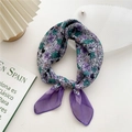 Elegant purple floral cotton linen square scarf with chiffon ends for hair or neck - 58cm x 58cm / 6D Purple Iris