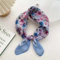 Sky blue and light pink floral linen-cotton square scarf with delicate petal pattern - 58cm x 58cm / 8D Blue Iris