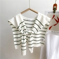 Detail of white knit striped shawl featuring green horizontal stripes and front tie knot - Dark Green Striped (6)