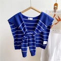 Detailed knit texture of blue and white striped shawl with front tie-up design - Blue Striped (7)