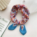 Chic floral cotton linen small square scarf with blue color block for neck or hair - 58cm x 58cm / 9D Blue Pen-Stroke Floral