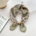 Floral cotton linen square scarf in orange and green tones with plaid trim detail - 58cm x 58cm / 10D Green Pen-Stroke Floral