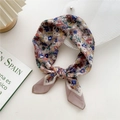 Floral cotton linen square scarf in dusty rose with colorful vintage print pattern - 58cm x 58cm / 18D Lotus Root Pink Floral Clusters