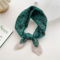 Floral green cotton linen scarf for women with red flower pattern and knotted style - 58cm x 58cm / 19D Red Flowers and White Leaves