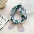 Lightweight cotton linen floral scarf with elegant green and purple botanical prints - 58cm x 58cm / 22D Green Pansy
