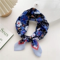 Navy floral silk scarf with red accents and sheer cotton-linen texture - 58cm x 58cm / 23D Blue Pansy