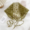 Grass green lace triangle scarf with floral embroidery and white faux pearl tassel - Green