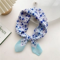Floral cotton linen scarf in blue with delicate petal patterns for hair or neck - 58cm x 58cm / 25D Blue Four-Five Branches