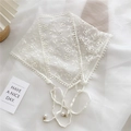 White lace triangle headscarf with floral embroidery and elegant pearl drawstring accents - White