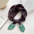 Black floral cotton linen neckerchief with pink flowers and green chiffon trim - 58cm x 58cm / 26D Black Pentagonal Pattern